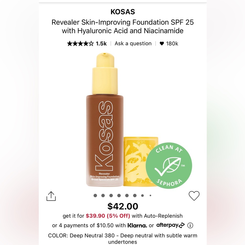Kosas Revealer skin-improving Foundation. Shade 380/ Deep Neutral with warm.